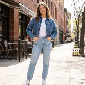 ZARA Cropped Denim Jacket Medium Wash Size XS Elastic Hem Bomber Style